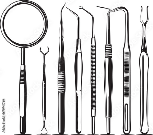 Dental tools outline vector set. Minimal icons of dentistry instruments for oral care.