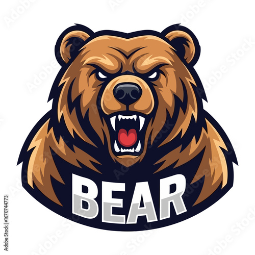 Bold Bear: A detailed, graphic rendering of a powerful bear, showcasing its fierce determination with an intimidating glare and sharp teeth. The word BEAR boldly underscores the image.