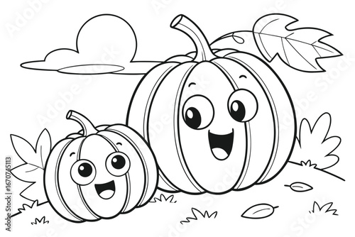 coloring page featuring two cheerful pumpkins. A large pumpkin, with wide eyes and a big smile, stands slightly behind a smaller, equally happy pumpkin