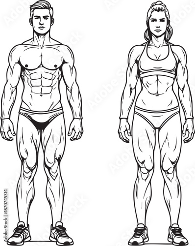 Body transformation outline illustration showing fat loss stages. Before and after comparison drawing for fitness health and weight loss visual content.