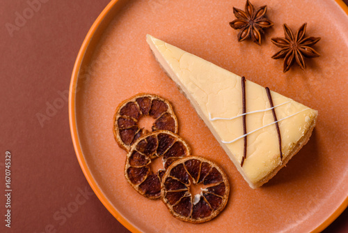 A piece of sweet New York cheesecake, dessert, cheese and vanilla pie. Classic cheesecake