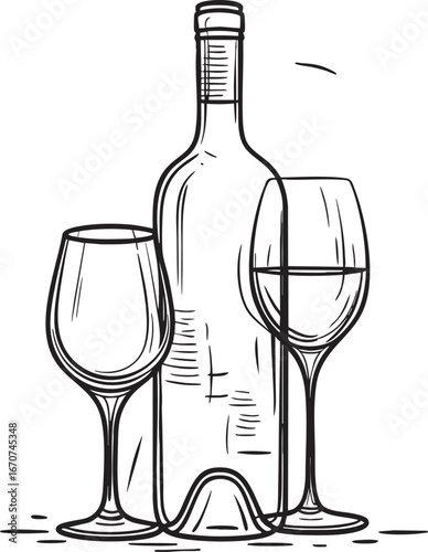 Mature Wine Outline Illustration. Vintage Bottle and Glass Representing Refinement with Age Vector Line Drawing for Connoisseurs.
