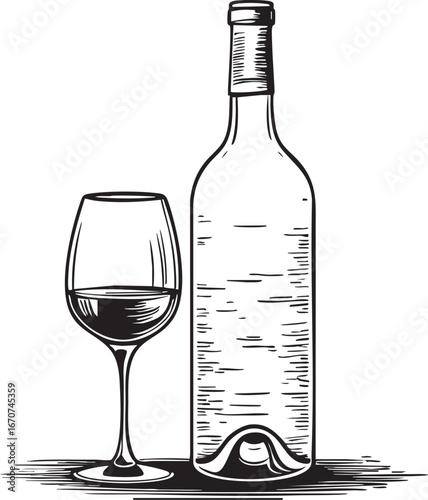 Mature Wine Outline Illustration. Vintage Bottle and Glass Representing Refinement with Age Vector Line Drawing for Connoisseurs.