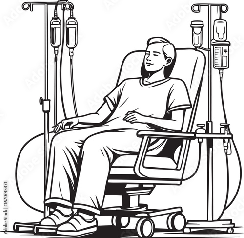 Patient receiving chemotherapy outline vector. Cancer treatment line illustration for oncology healthcare materials.