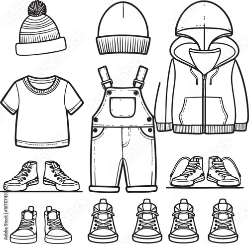 Children's Clothing Outline Set. Minimalist Line Drawing of Kids Wardrobe Essentials, Vector Illustration for Fashion and Parenting Concepts.