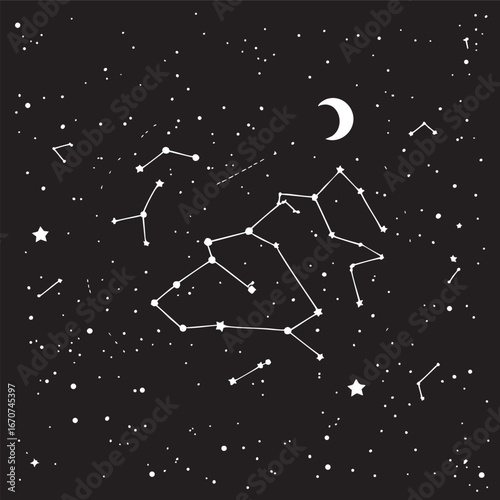 Vast Night Sky Outline Vector. Minimalist Constellation Pattern With Moon Crescent And Stars.