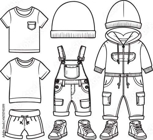 Children's Clothing Outline Set. Minimalist Line Drawing of Kids Fashion Items and Everyday Wear Vector Illustration for Juvenile Apparel.