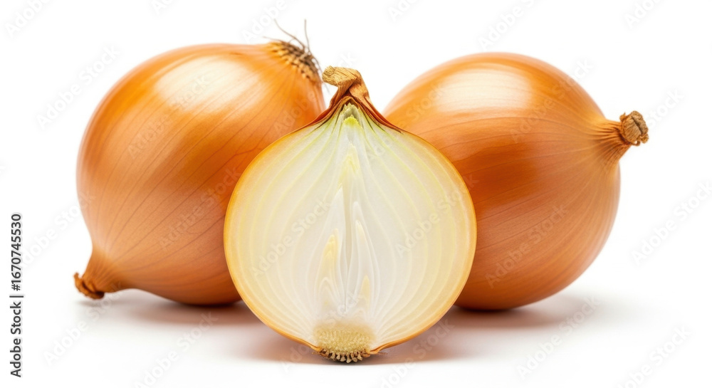 custom made wallpaper toronto digitalFresh golden brown onions with one onion halved showing internal layers isolated on white background