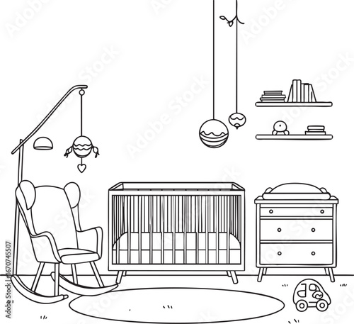Cozy nursery room outline illustration. Minimal black line interior design with crib rocking chair and baby essentials for decoration projects.
