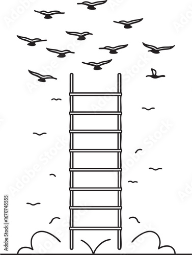 Mindset Elevation Concept. Minimalist Outline Drawing of Ladder Transforming into Flying Birds Vector Line Art Representing Mental Growth.