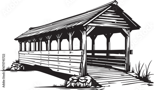 Rustic Covered Bridge Outline Illustration. Traditional Wooden Bridge Structure Side View Vector Line Drawing for Country and Nostalgic Designs.