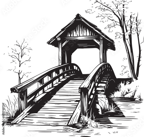 Rustic Covered Bridge Outline Illustration. Traditional Wooden Bridge Structure Side View Vector Line Drawing for Country and Nostalgic Designs.