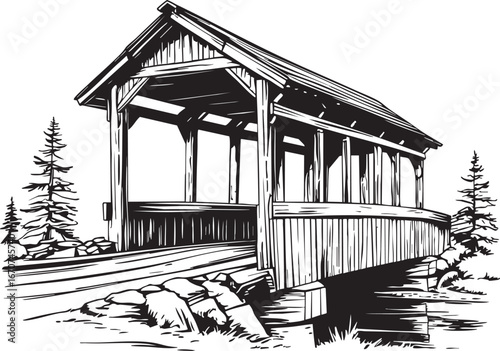 Rustic Covered Bridge Outline Illustration. Traditional Wooden Bridge Structure Side View Vector Line Drawing for Country and Nostalgic Designs.