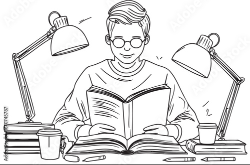 Student preparing for exam outline vector. Study preparation line art illustration for educational and academic content.