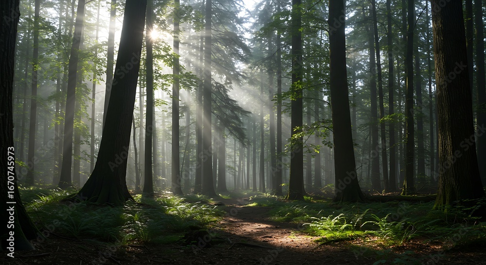 Obraz premium Sunlight Filtering Through Towering Trees: A Serene Forest Scene in the Early Morning
