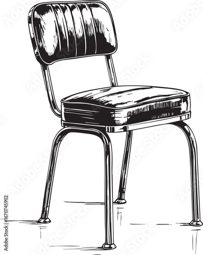 Retro diner chair sketch. Vintage mid-century padded seat with chrome leg design.