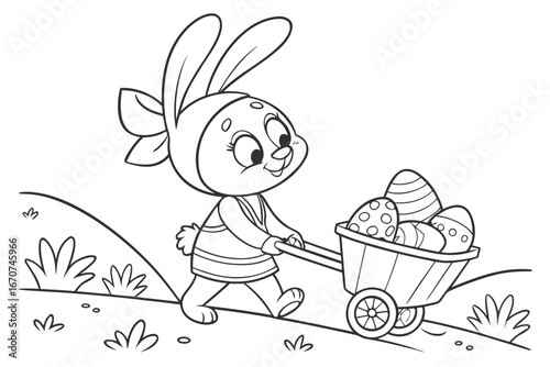 A cheerful cartoon bunny, wearing a headscarf and striped vest, pushes a wheelbarrow filled with decorated Easter eggs.