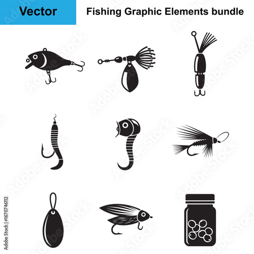 Fishing Lures and Baits Silhouette Icon Set Bundle