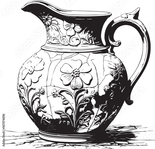 Ceramic jug engraving. Handcrafted pottery in vintage linework.