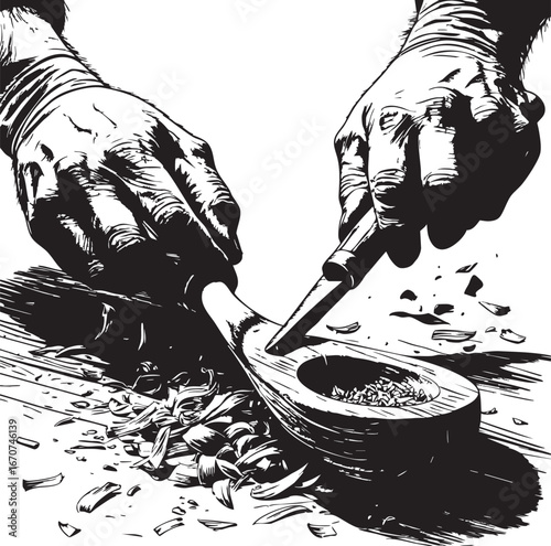 Carving moment engraving. Hands shaping craft in wood.