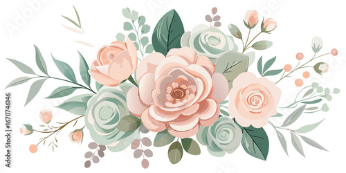 Soft pastel floral arrangement with delicate roses and greenery