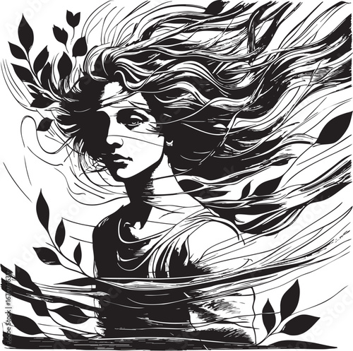 Windswept soul engraving. Stylized motion in etched portrait.