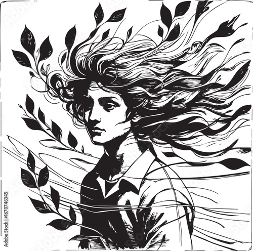 Windswept soul engraving. Stylized motion in etched portrait.