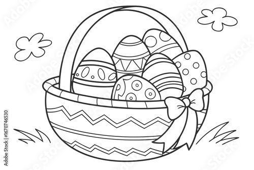 black and white drawing of an Easter basket overflowing with decorated eggs. 