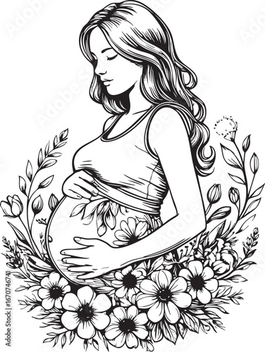 Floral pregnancy outline vector. Stylized pregnant woman with natural elements.