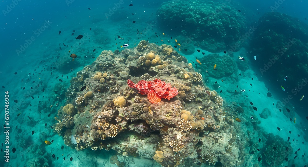 Fototapeta premium Vibrant coral reef ecosystem with a red scorpionfish camouflaged among marine life