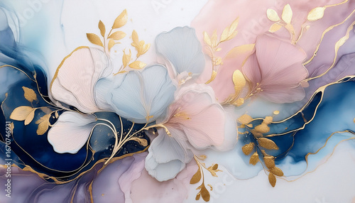 delicate alcohol ink painting with soft pastel hues gold marbling accents and floral abstract design
