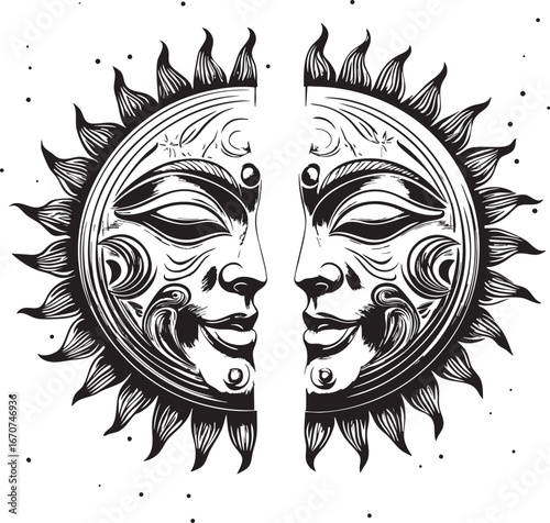 Sun and moon masks engraving. Celestial symbolic etching with duality and tribal motifs.