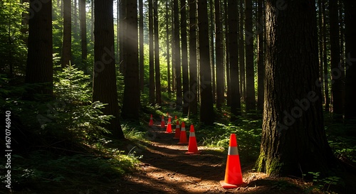 Sunlit forest path marked with vibrant orange cones for safety guidance during forest conservation