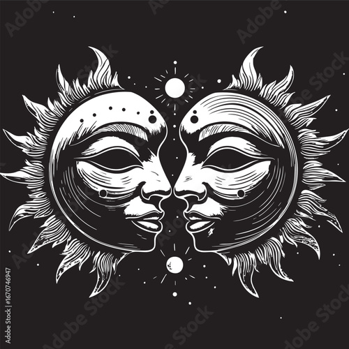 Sun and moon masks engraving. Celestial symbolic etching with duality and tribal motifs.