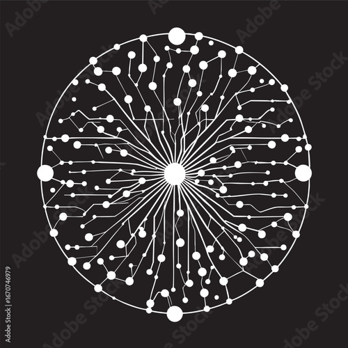 Circular neural network outline concept. Tech dots and lines design in vector style.