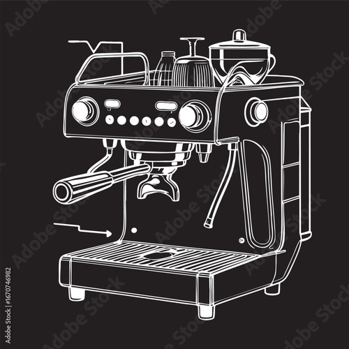 Espresso machine outline. Technical view of brewing components.