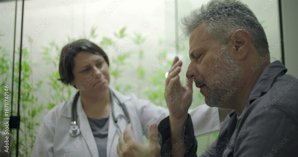 Fototapeta premium Female doctor offering support to emotional middle-aged male patient covering face with hands during difficult moment in medical consultation
