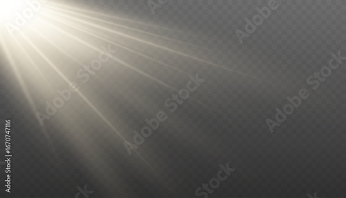 Dynamic diagonal light beam with lens flare effect, isolated on a transparent background. Ideal as an overlay for photography, graphic design, and cinematic projects to add an ethereal or dramatic tou