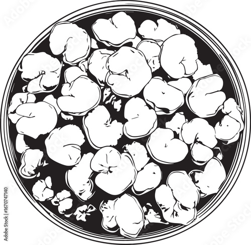 Makhana snack outline vector. Line art of puffed lotus seeds in a bowl top view.