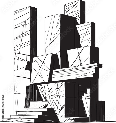 Brutalist sculpture outline. Raw geometry in minimal vector.