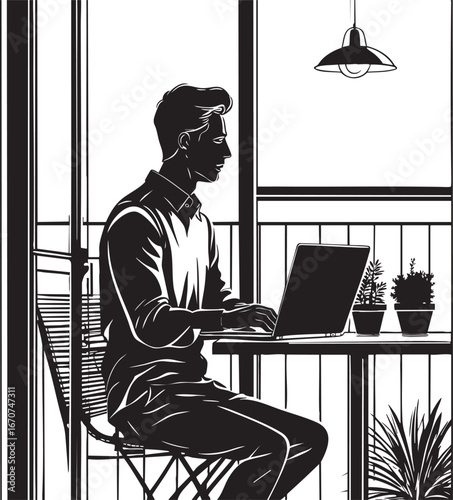 Balcony workspace outline. Urban remote work life in minimal lines.
