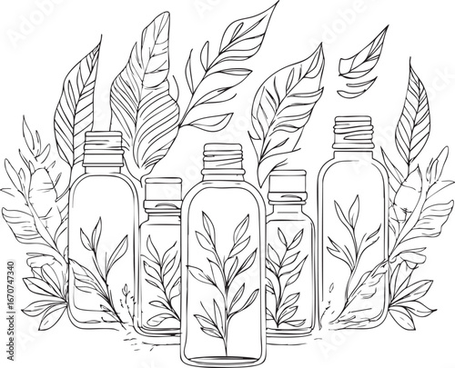 Aromatherapy oil bottles outline vector. Natural wellness spa concept illustration.
