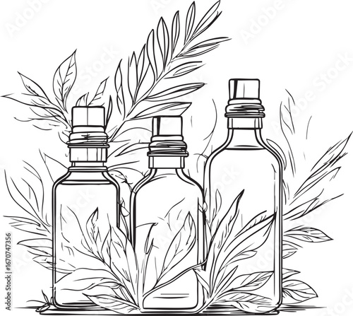 Aromatherapy oil bottles outline vector. Natural wellness spa concept illustration.