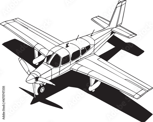 Isometric outline of single-engine aircraft. Vector technical drawing in monochrome.