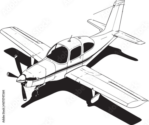 Isometric outline of single-engine aircraft. Vector technical drawing in monochrome.