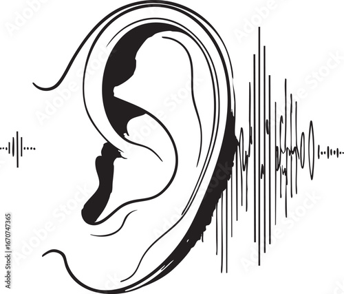 Human ear with sound waves outline. Minimal vector design for hearing and audio concepts