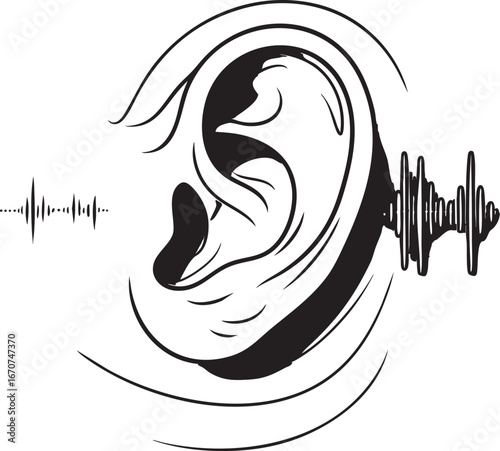 Human ear with sound waves outline. Minimal vector design for hearing and audio concepts