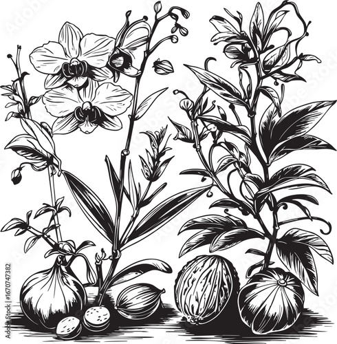 Tropical spice plants in outline. Vanilla nutmeg and black pepper in vector art.