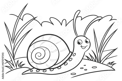 black and white line drawing of a happy snail. It has a large, swirled shell and two antennae. 