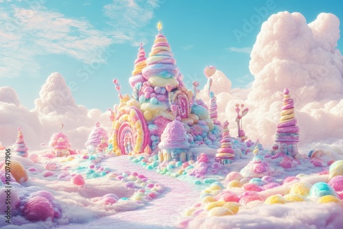 Whimsical candy castle in a dreamlike pastel landscape